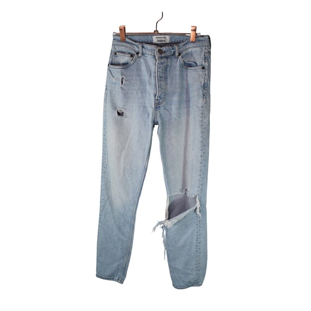 Reformation Jeans Button Fly Distressed Denim Straight Cynthia Destroyed Size 27